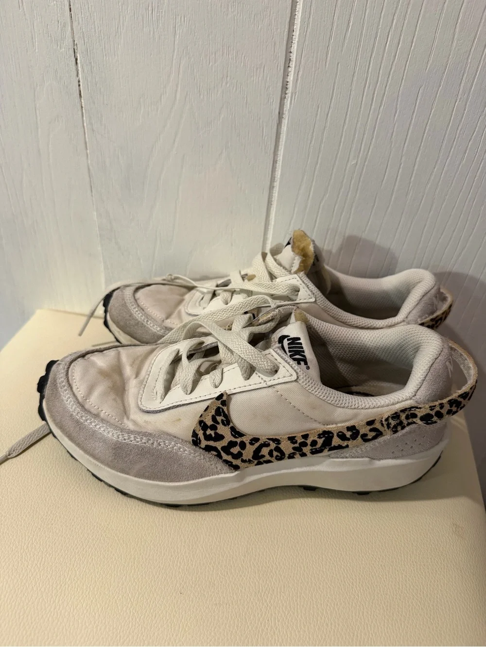 Nike Women's Leopard waffle debut Sneaker in Cream and Beige